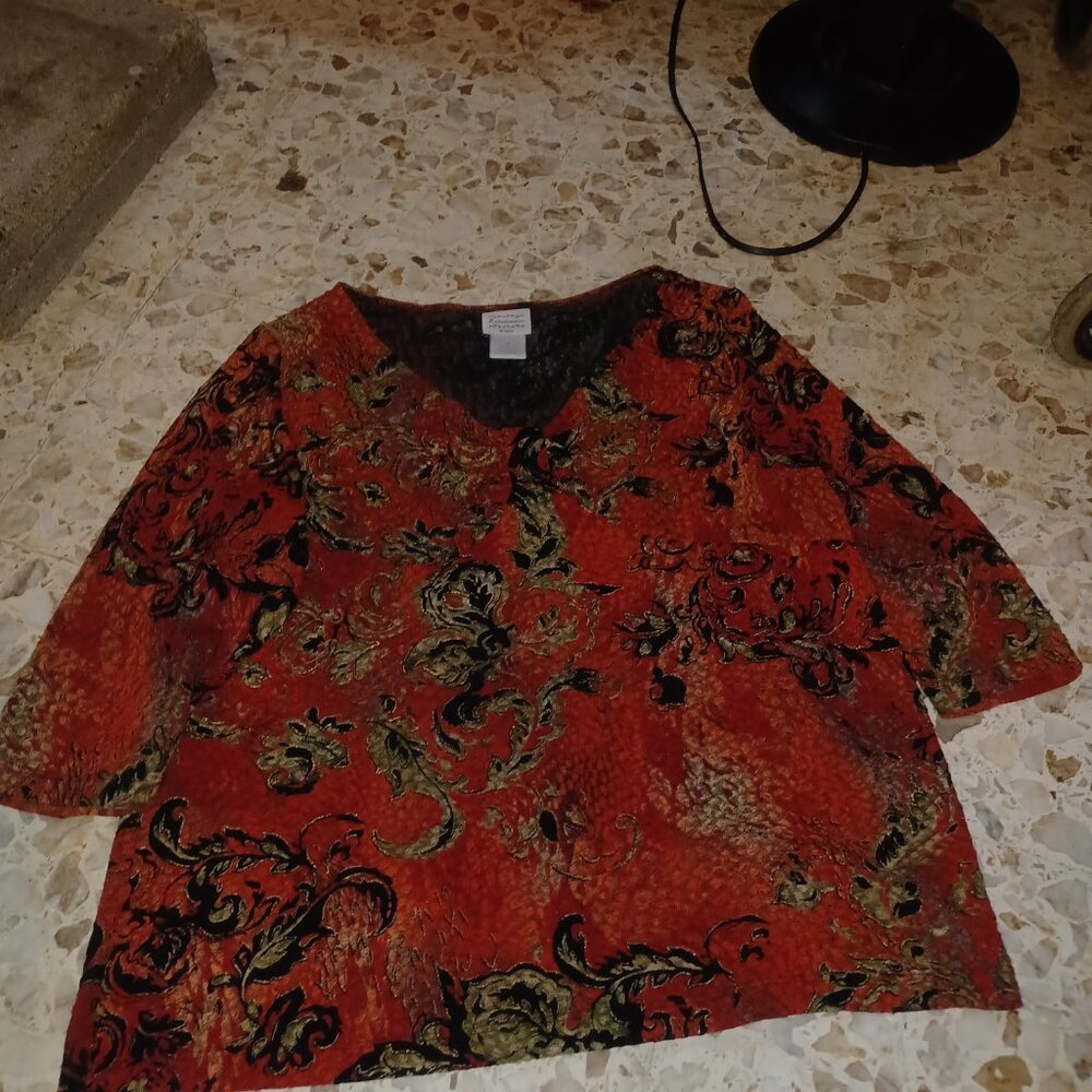 Renaissance Women's Blouse V-Neck XL Orange Red Black